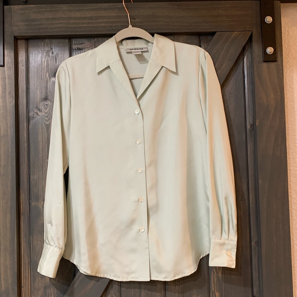 Alfani Light Mint Green 90 Silk Satin Blouse Shirt